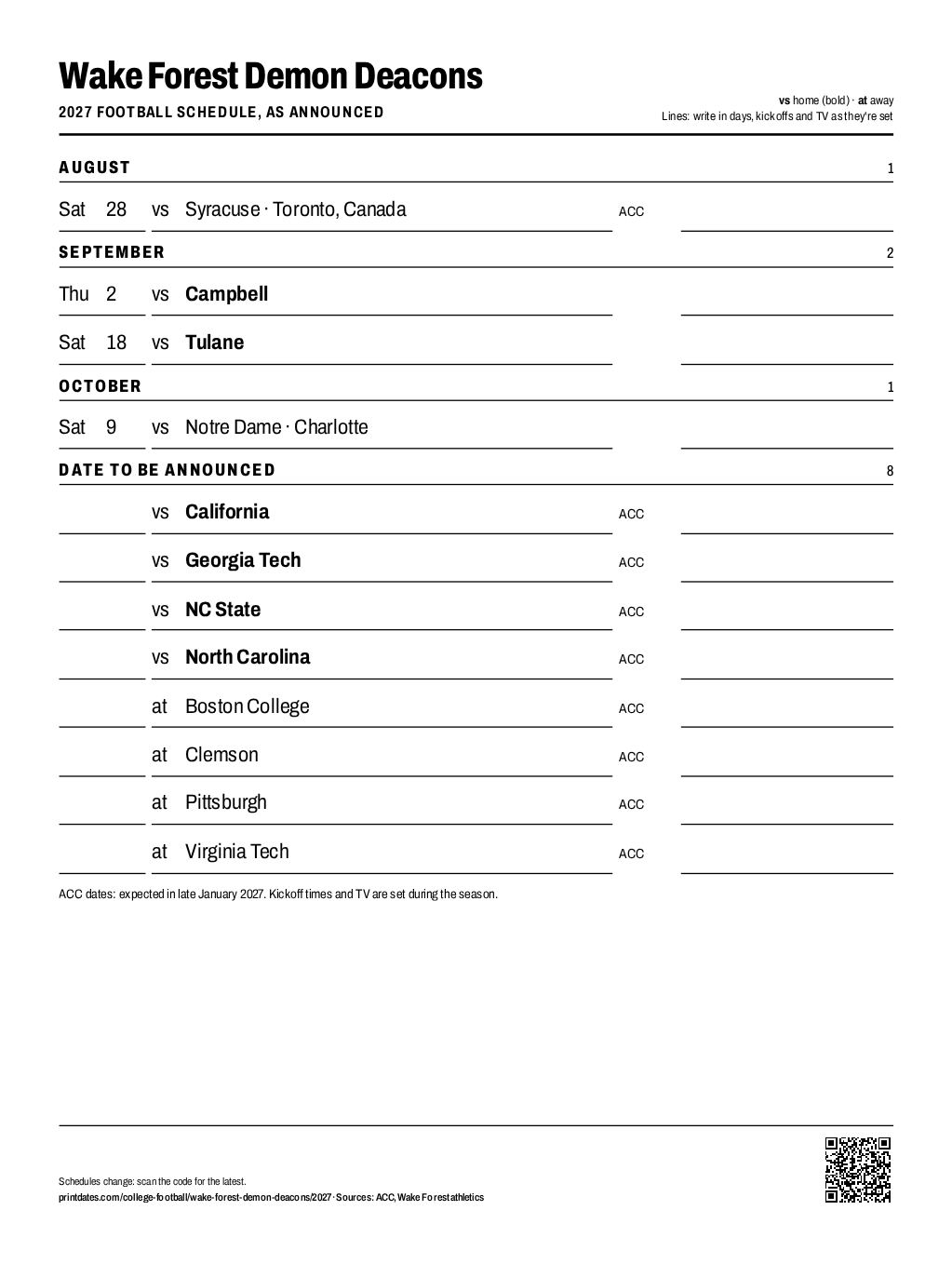 Wake Forest Demon Deacons 2027 football schedule printable: 4 of 12 games dated so far, the rest to write in