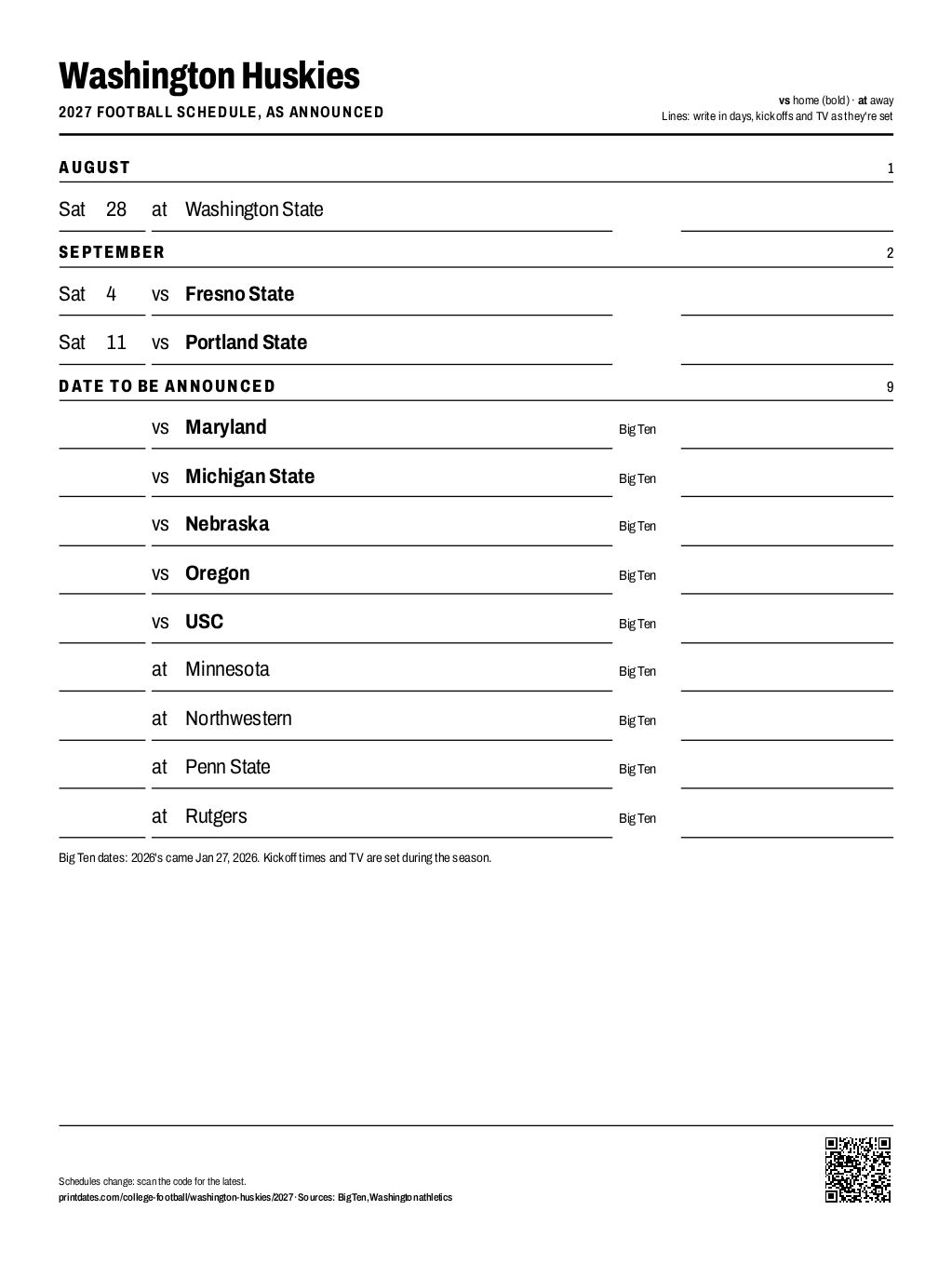 Washington Huskies 2027 football schedule printable: 3 of 12 games dated so far, the rest to write in