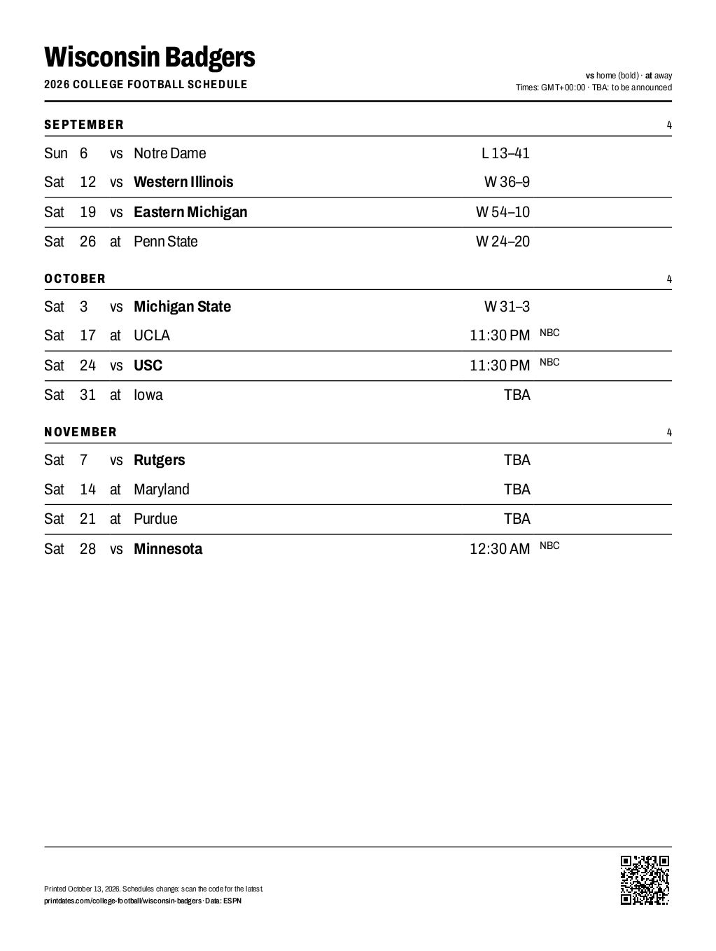 Wisconsin Badgers football 2026 printable schedule, all 12 games on one page