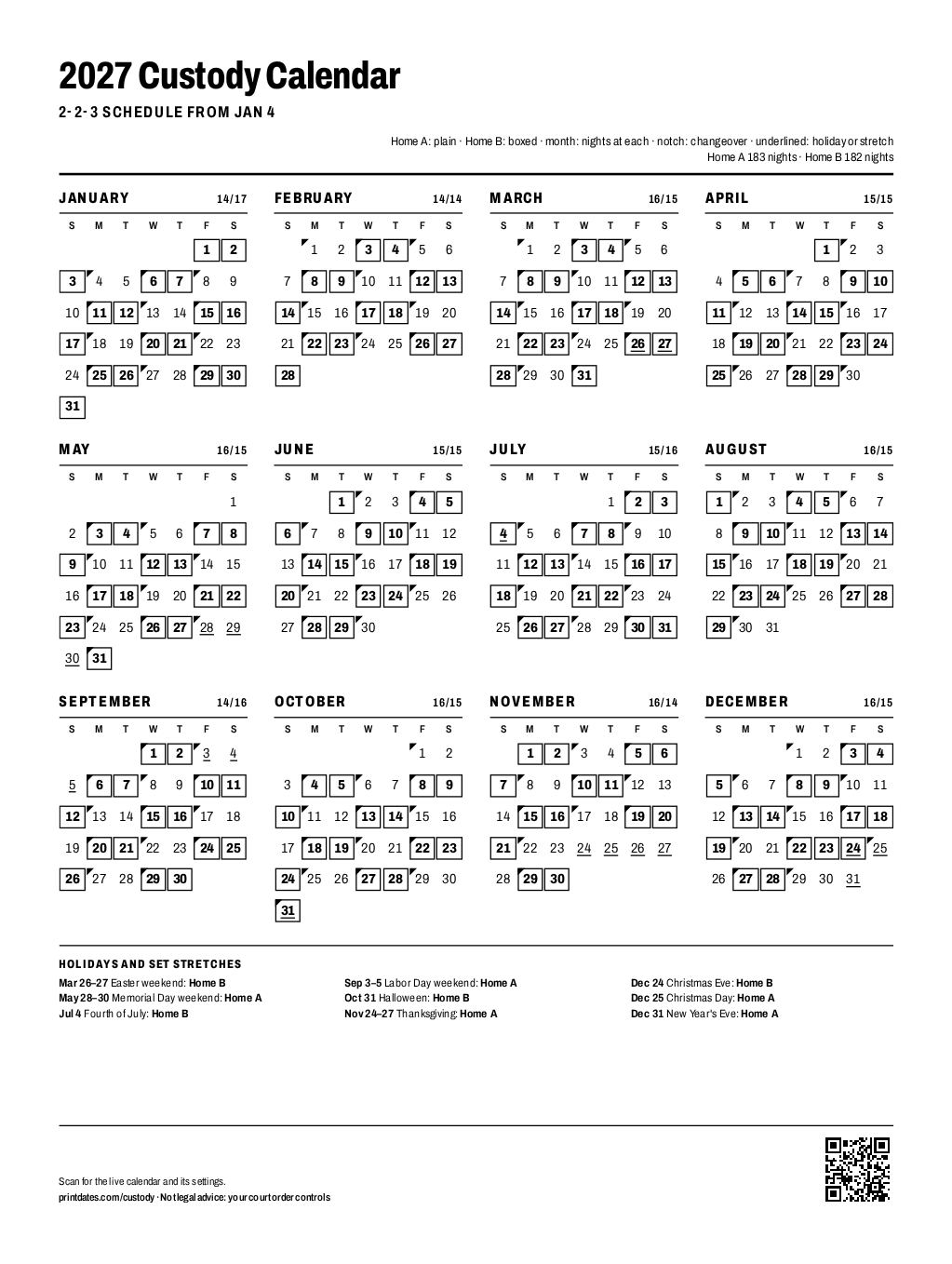 Custody calendar 2027: every night of the year at each home, on one printable page