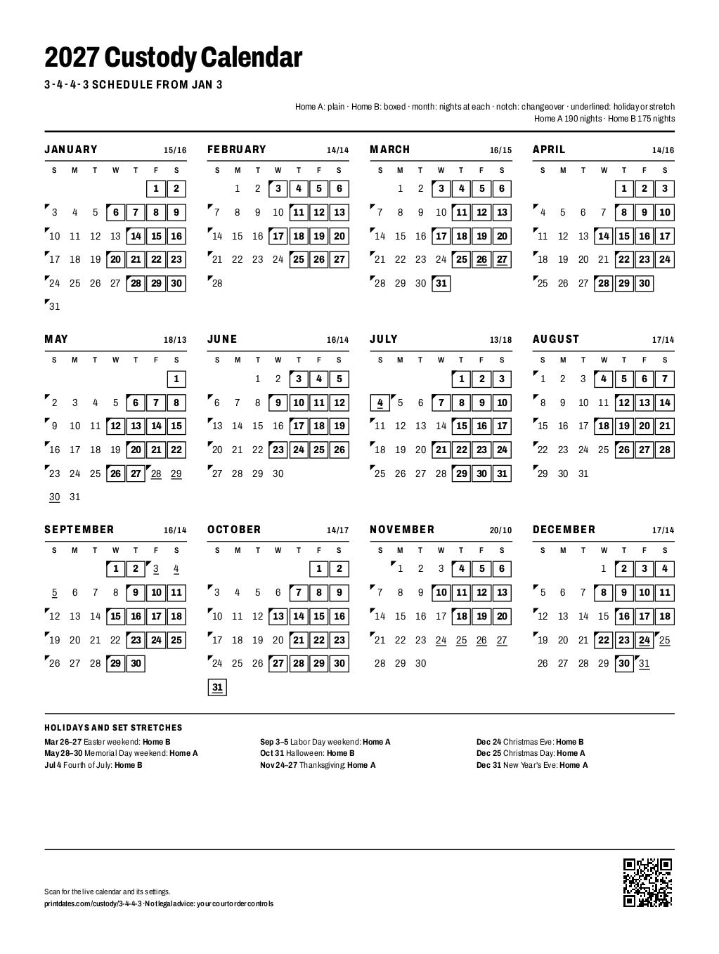 3-4-4-3 custody schedule, 2027: every night of the year at each home, on one printable page