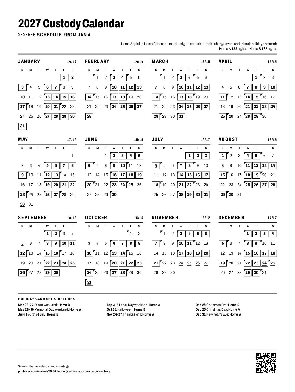 50/50 custody schedules, 2027: every night of the year at each home, on one printable page