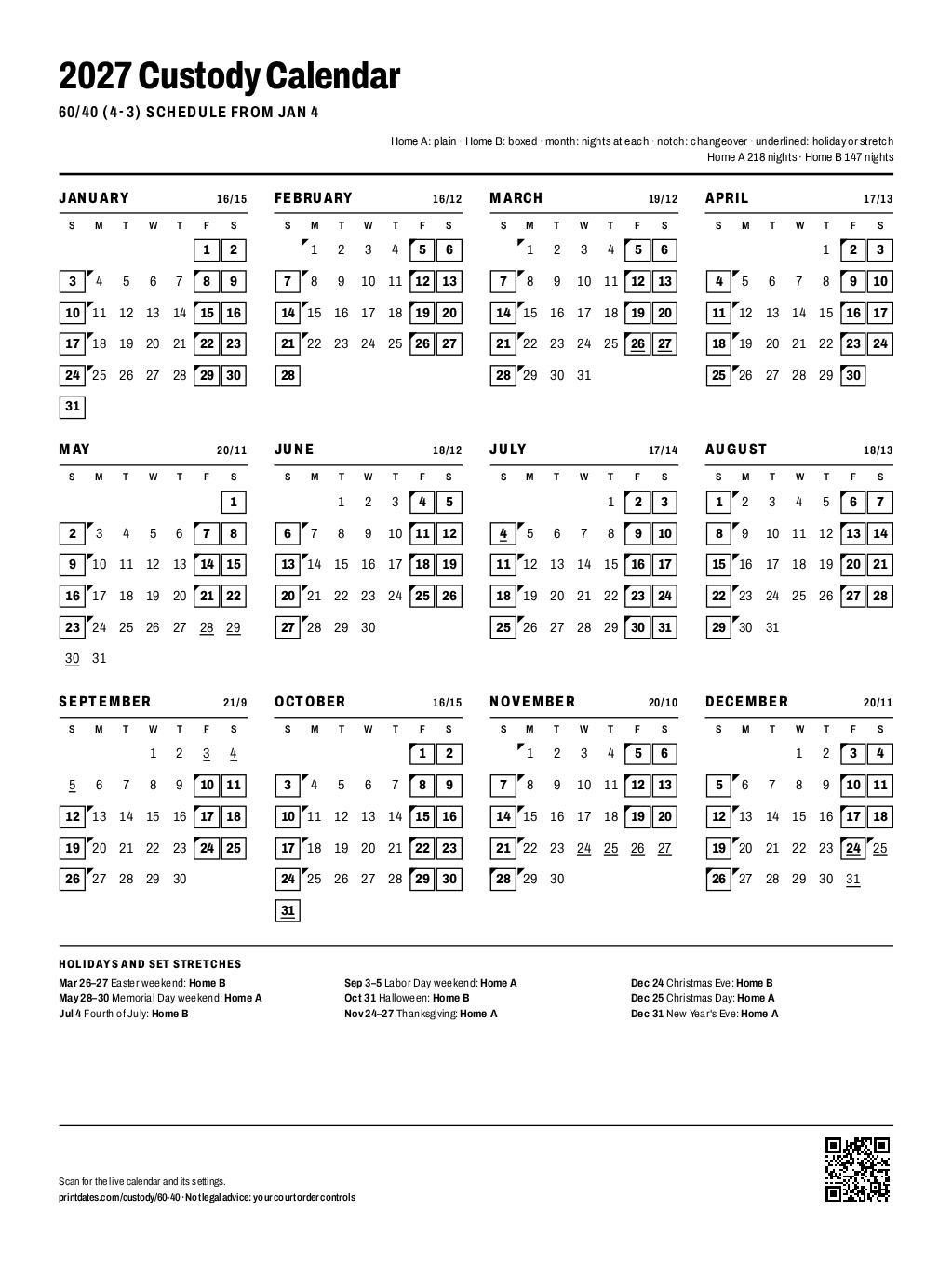 60/40 custody schedule, 2027: every night of the year at each home, on one printable page