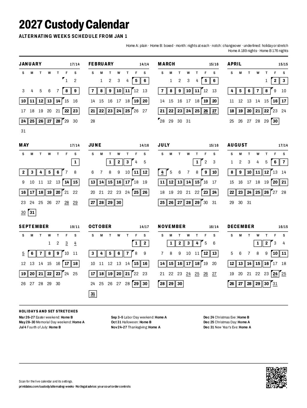 Week on, week off custody schedule, 2027: every night of the year at each home, on one printable page