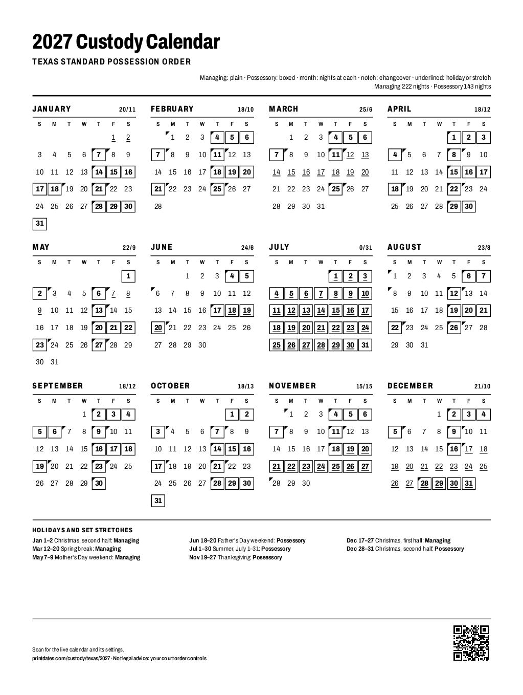 Texas custody calendar 2027: every night of the year at each home, on one printable page