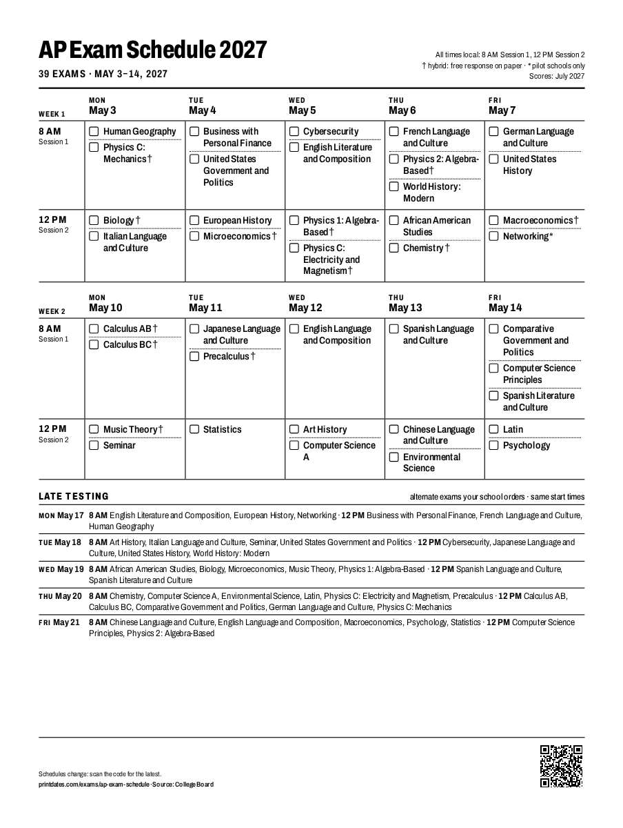 Exam Dates 2026–2027: AP, SAT, ACT & PSAT Printable Calendars