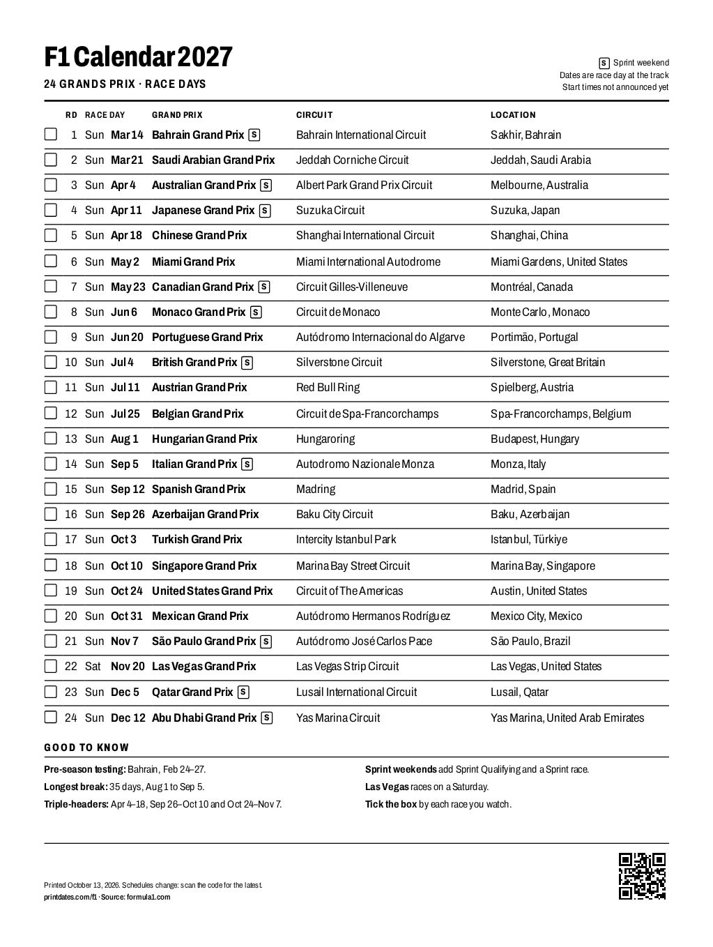 F1 calendar 2027: all 24 Grands Prix on one printable page