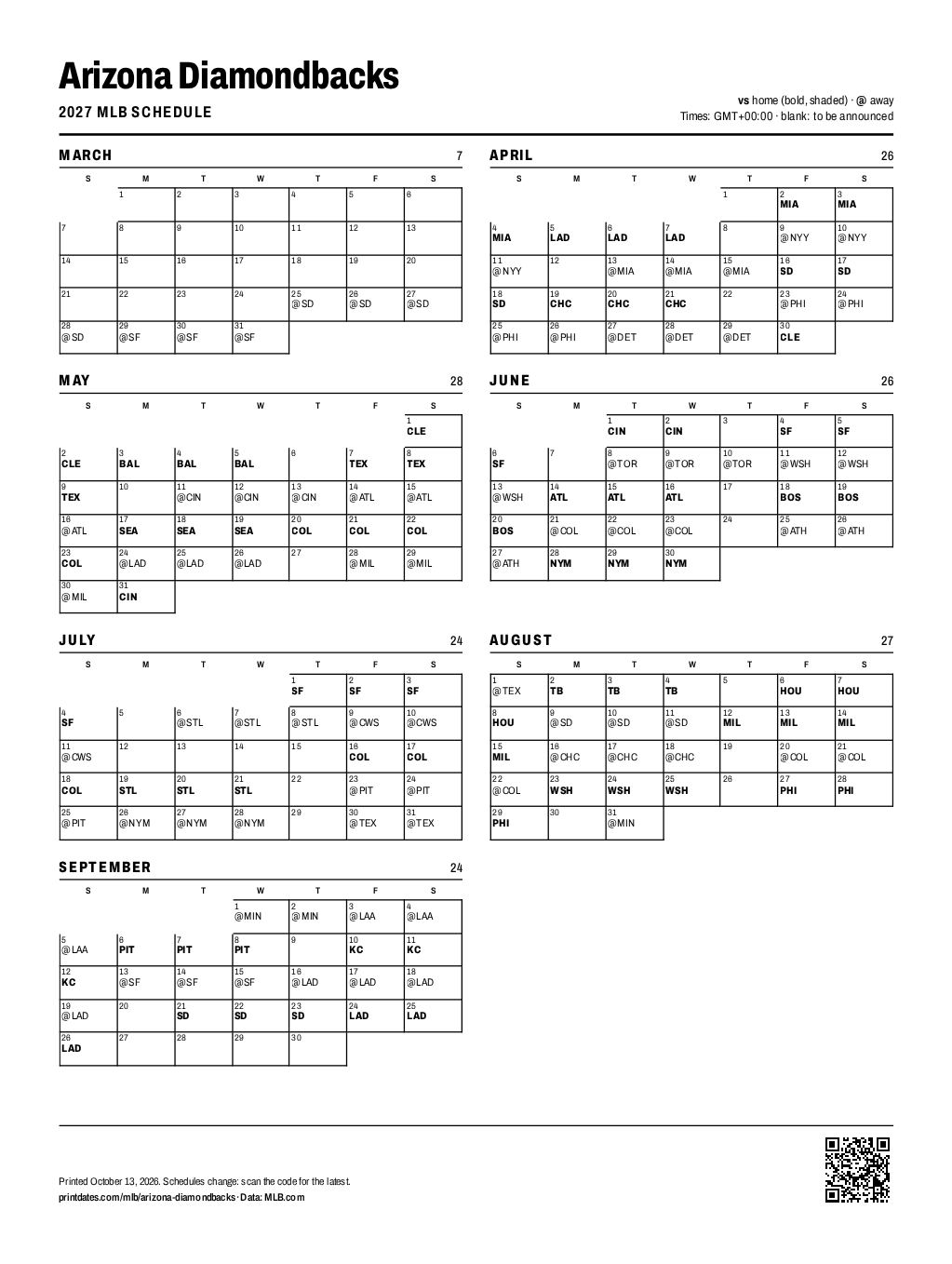 Arizona Diamondbacks 2027 printable schedule, all 162 games on one page