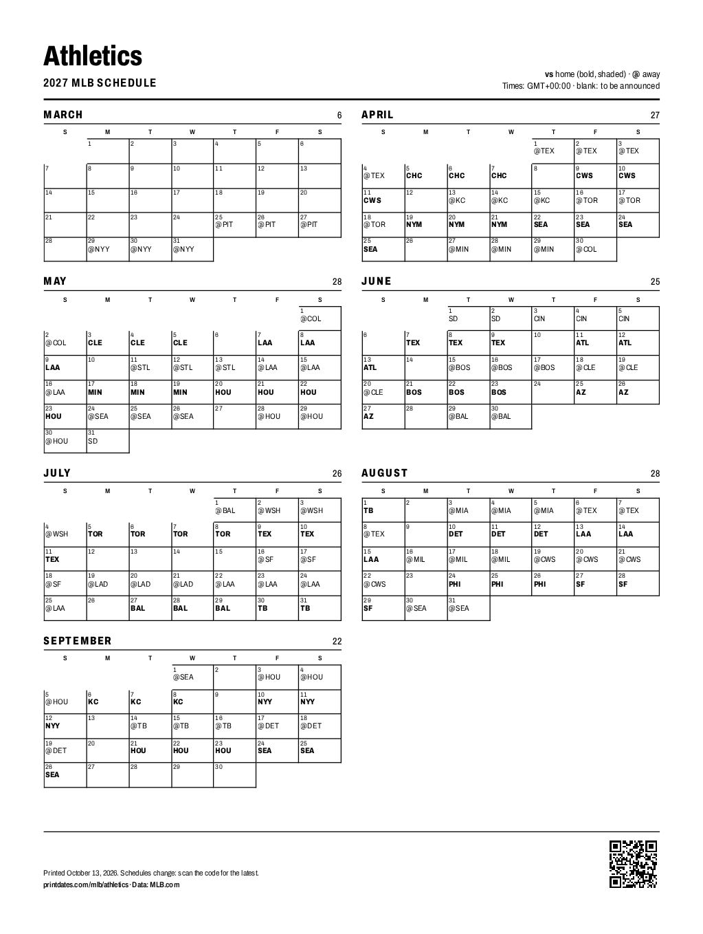 Athletics 2027 printable schedule, all 162 games on one page