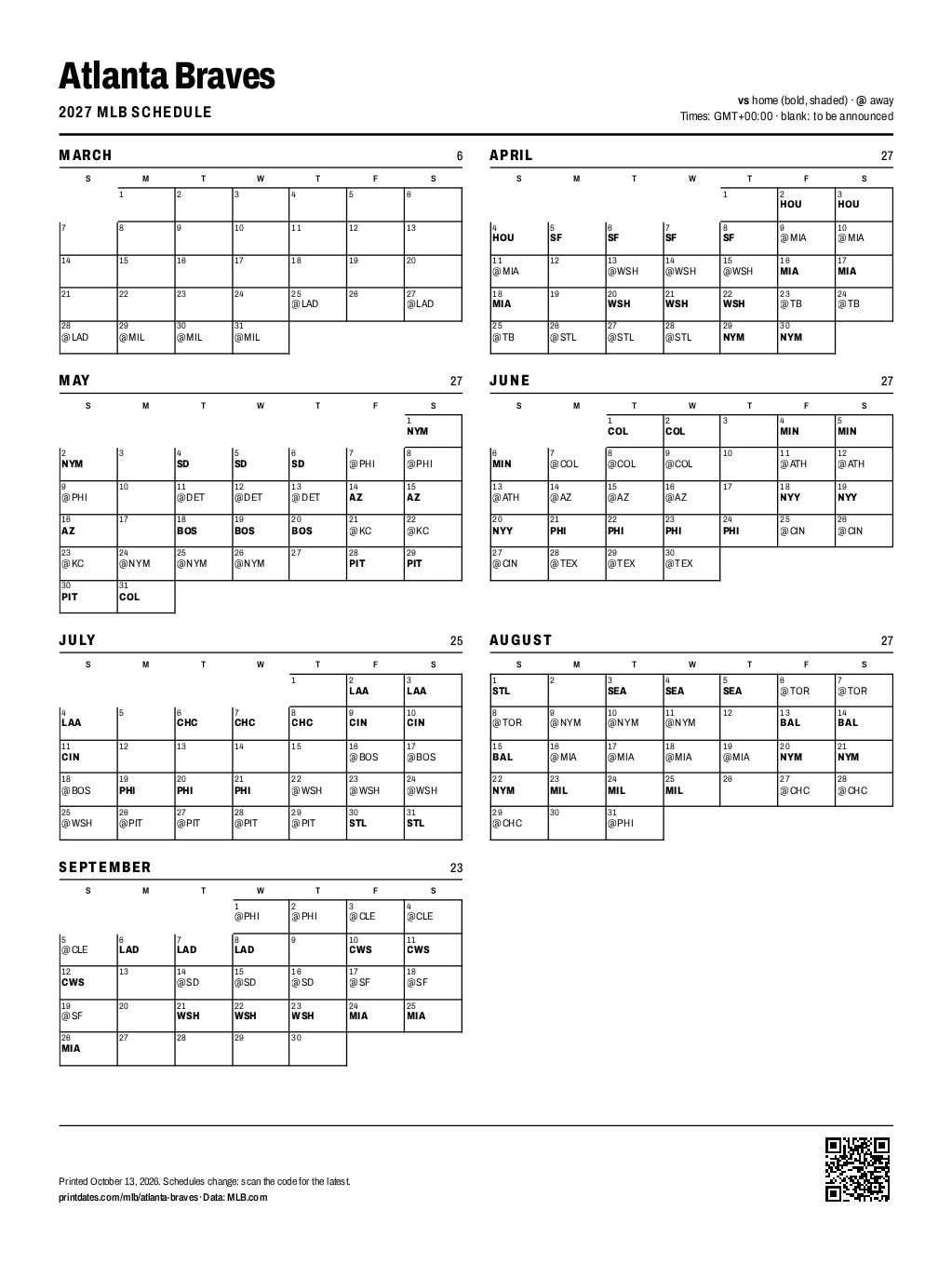 Atlanta Braves 2027 printable schedule, all 162 games on one page