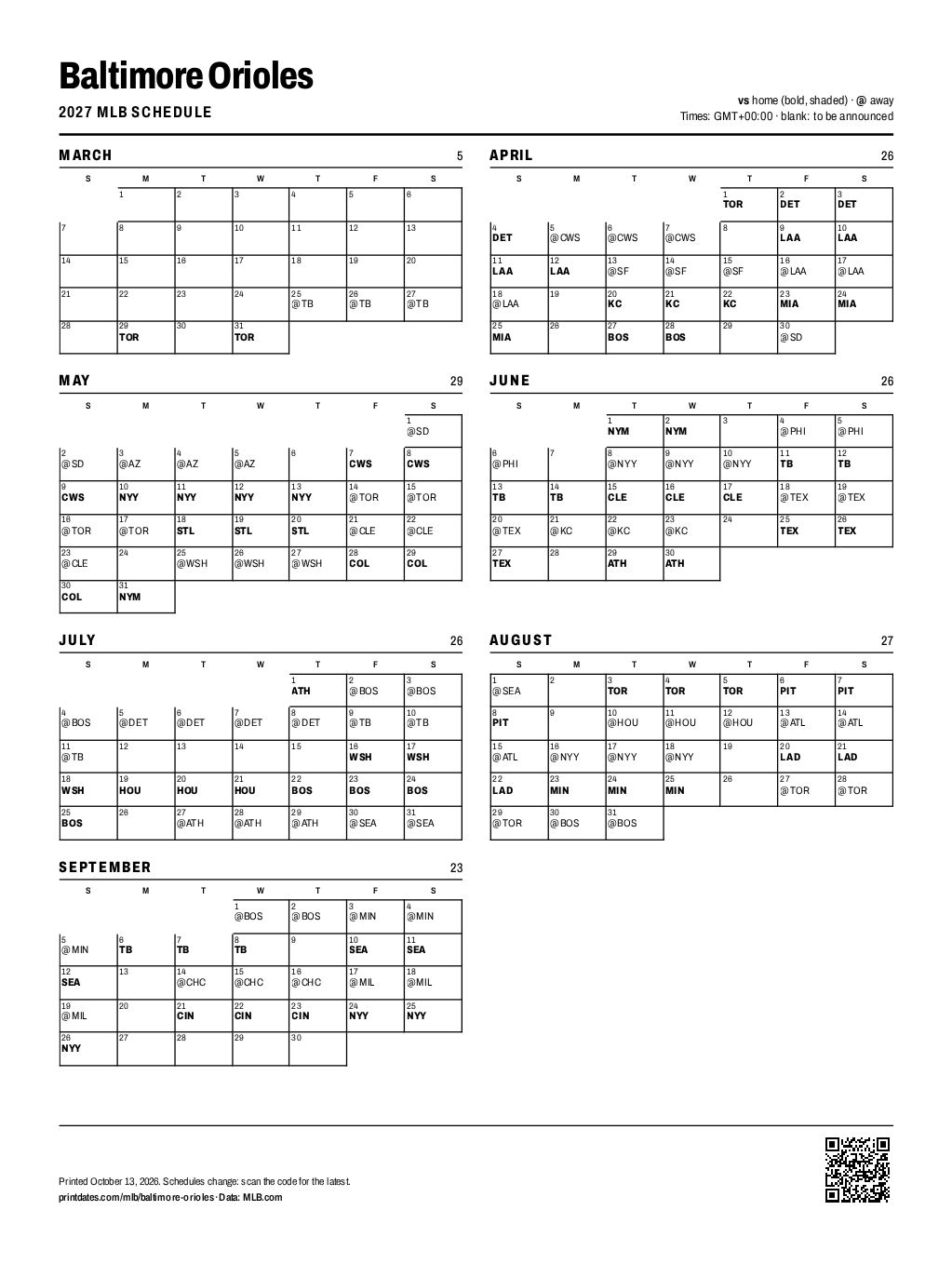 Baltimore Orioles 2027 printable schedule, all 162 games on one page