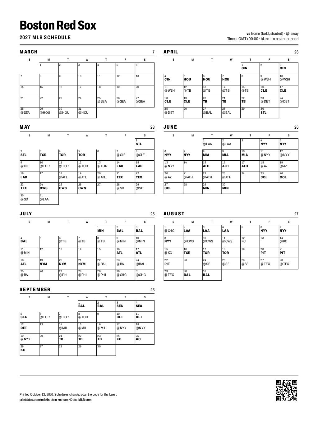 Boston Red Sox 2027 printable schedule, all 162 games on one page