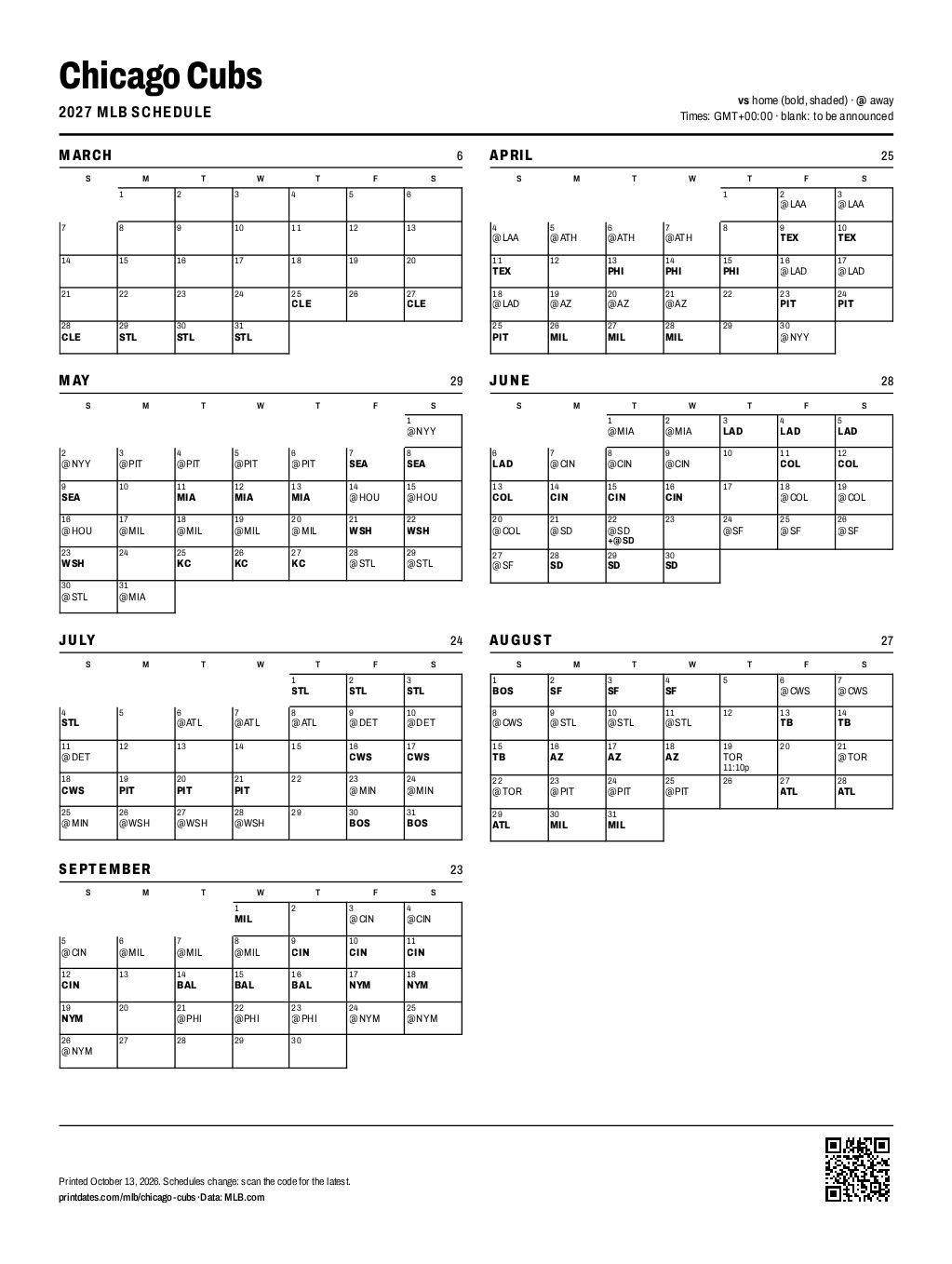 Chicago Cubs 2027 printable schedule, all 162 games on one page