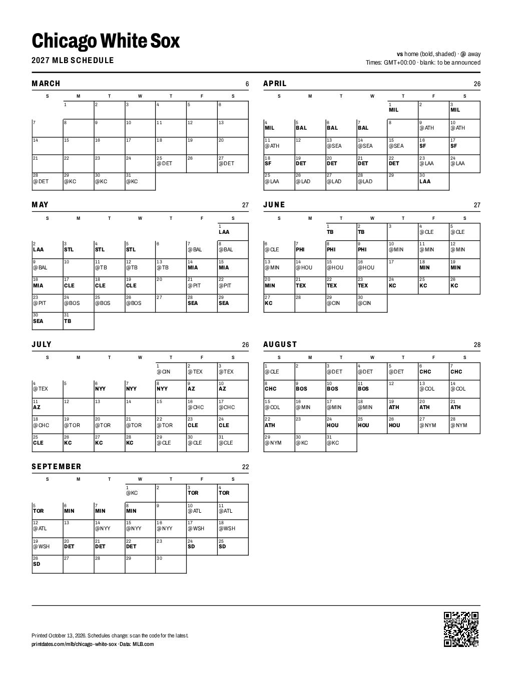 Chicago White Sox 2027 printable schedule, all 162 games on one page