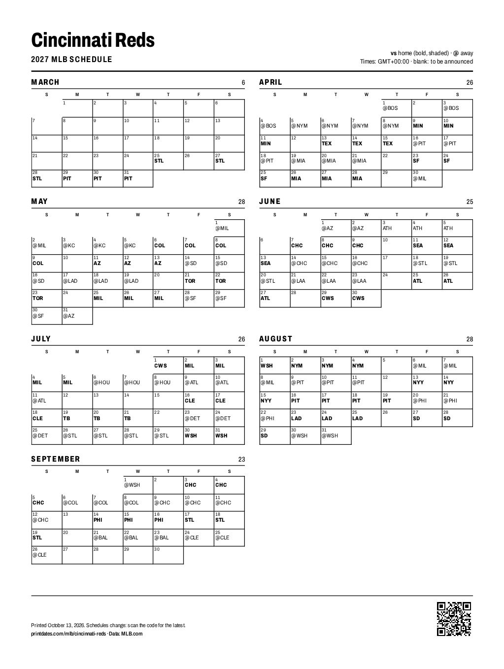 Cincinnati Reds 2027 printable schedule, all 162 games on one page