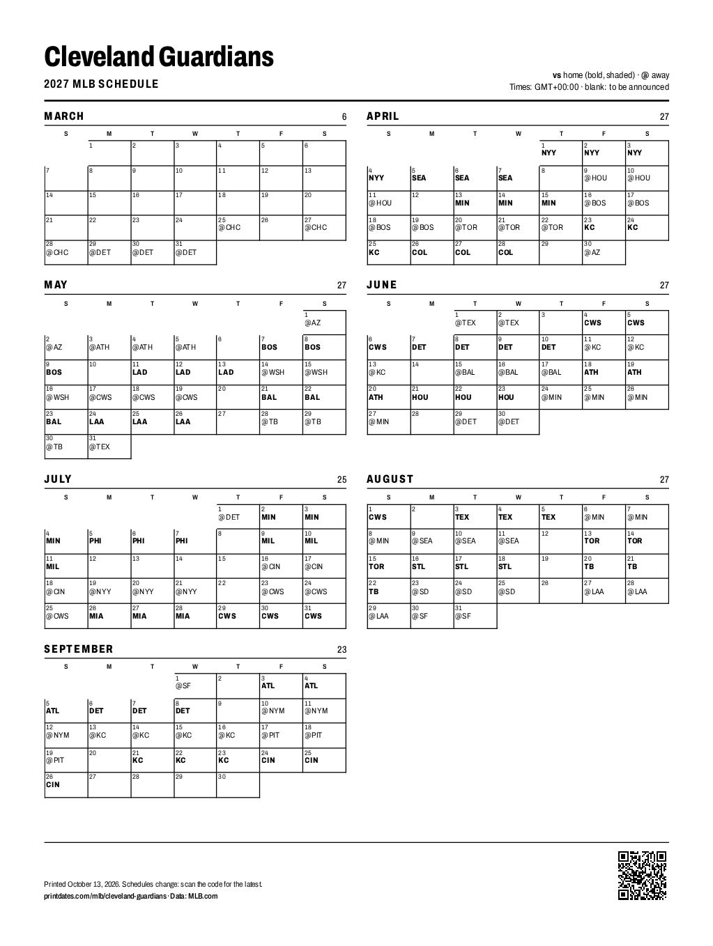 Cleveland Guardians 2027 printable schedule, all 162 games on one page