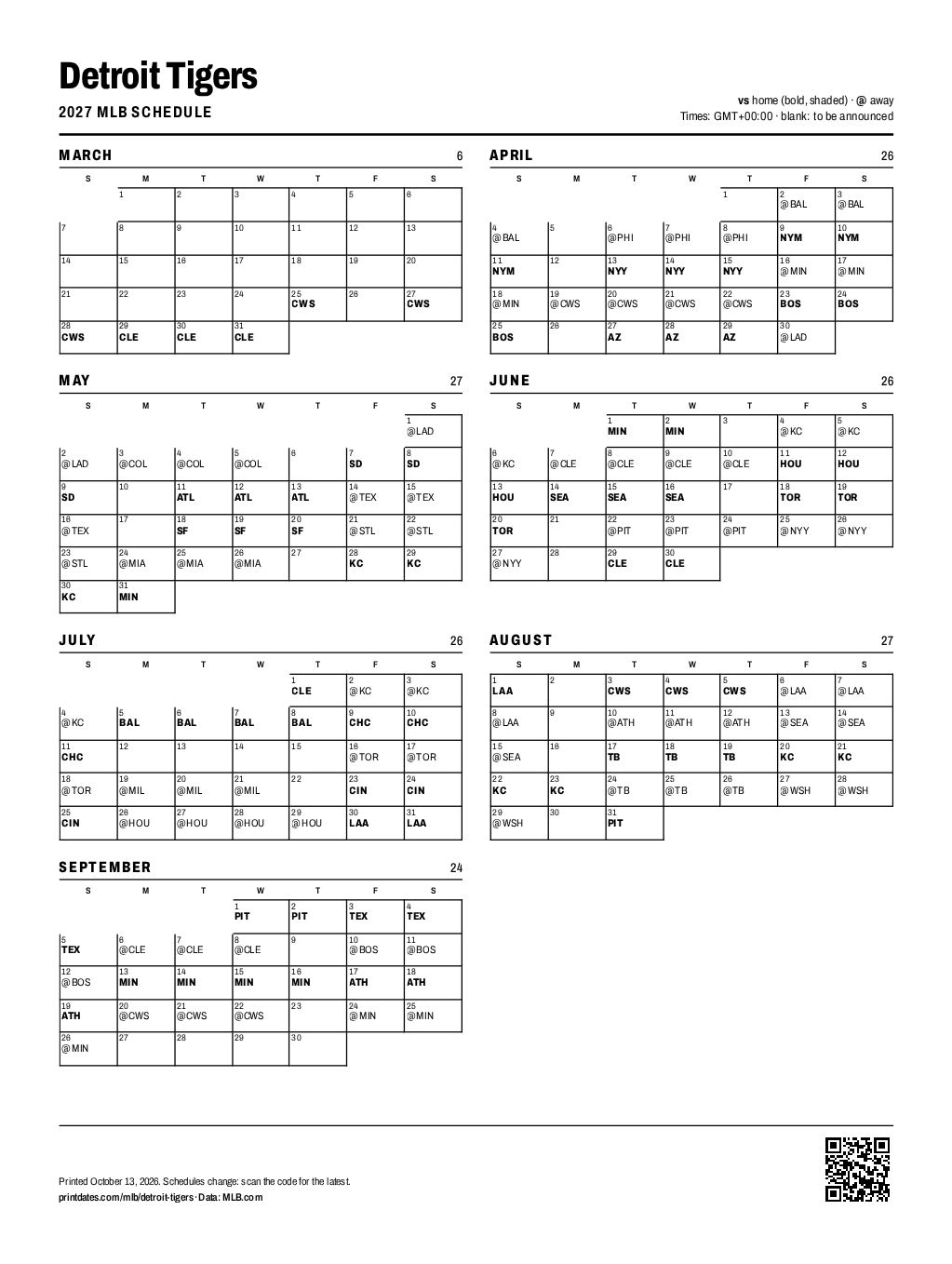 Detroit Tigers 2027 printable schedule, all 162 games on one page