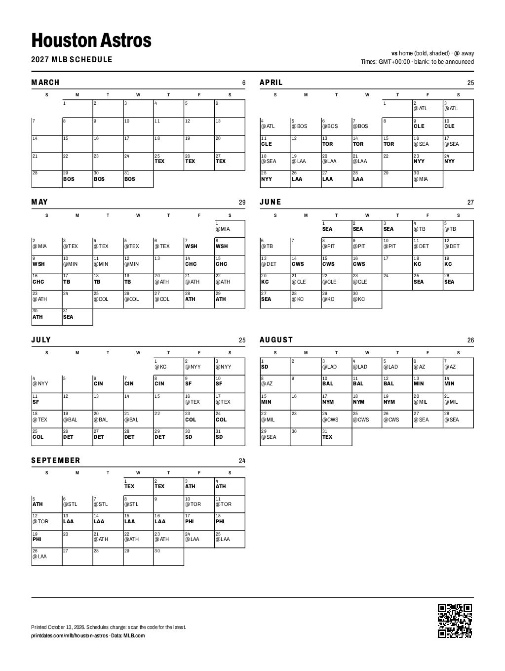 Houston Astros 2027 printable schedule, all 162 games on one page