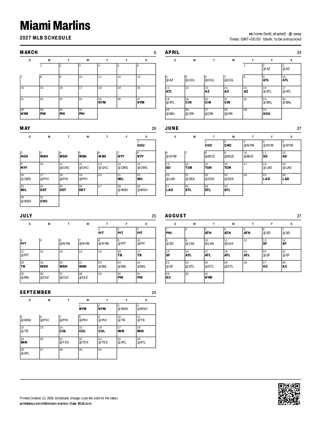 Miami Marlins 2027 printable schedule, all 162 games on one page