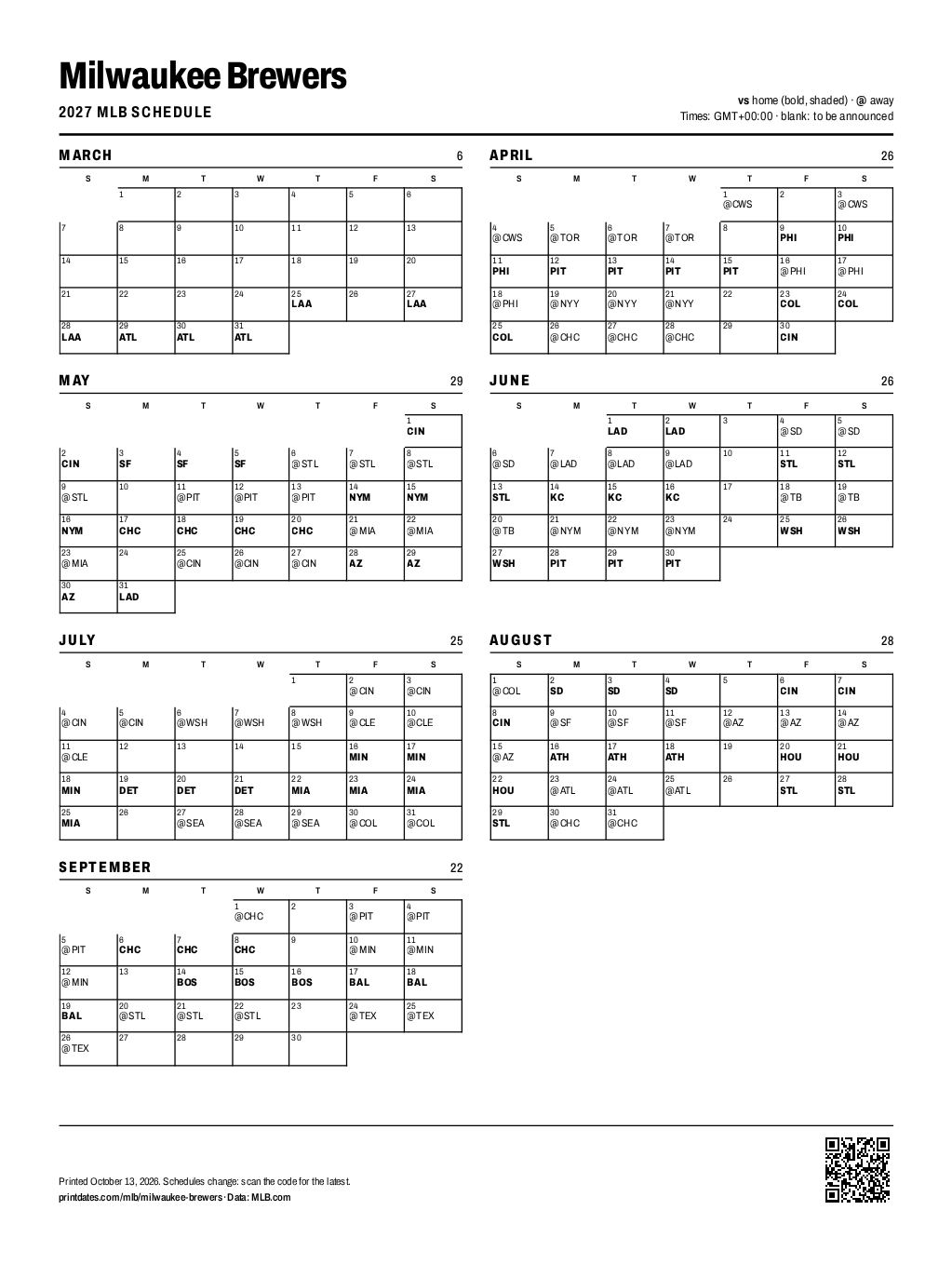 Milwaukee Brewers 2027 printable schedule, all 162 games on one page