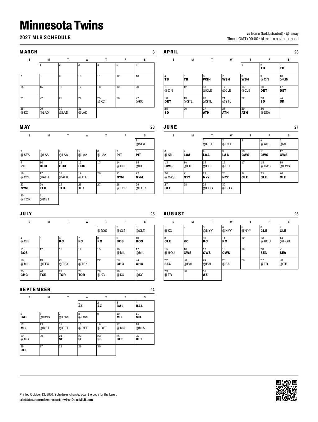 Minnesota Twins 2027 printable schedule, all 162 games on one page