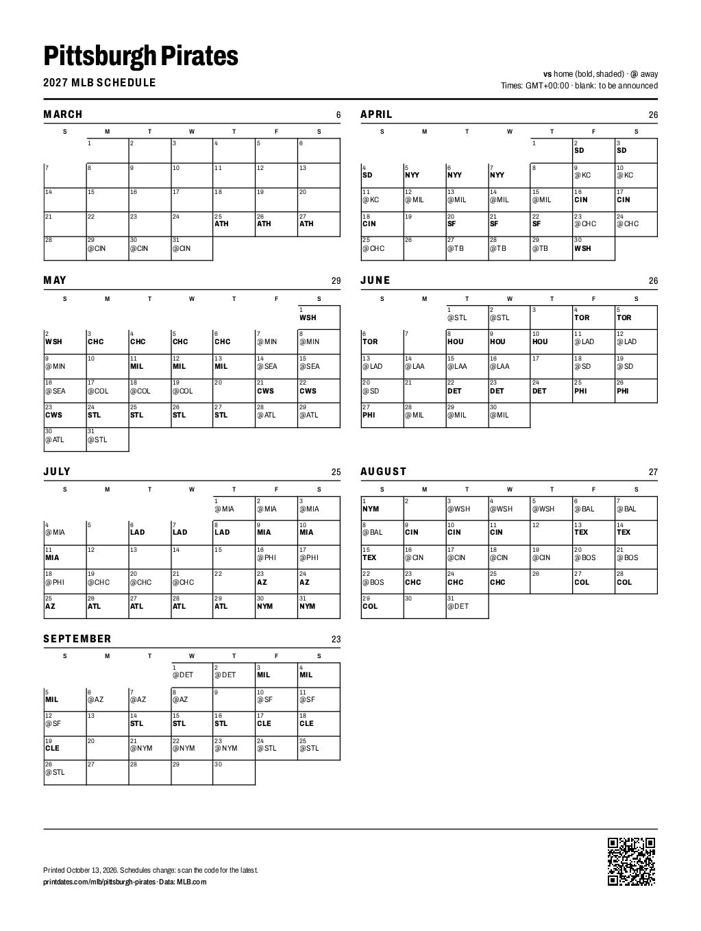 Pittsburgh Pirates 2027 printable schedule, all 162 games on one page