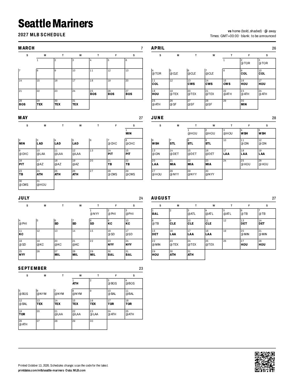 Seattle Mariners 2027 printable schedule, all 162 games on one page