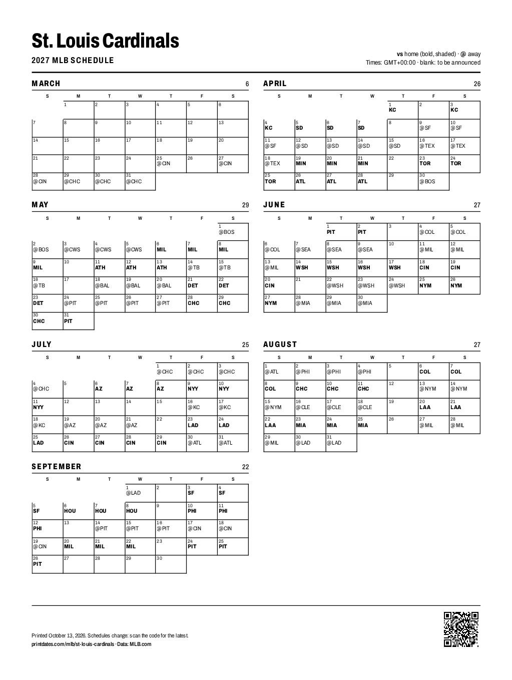 St. Louis Cardinals 2027 printable schedule, all 162 games on one page