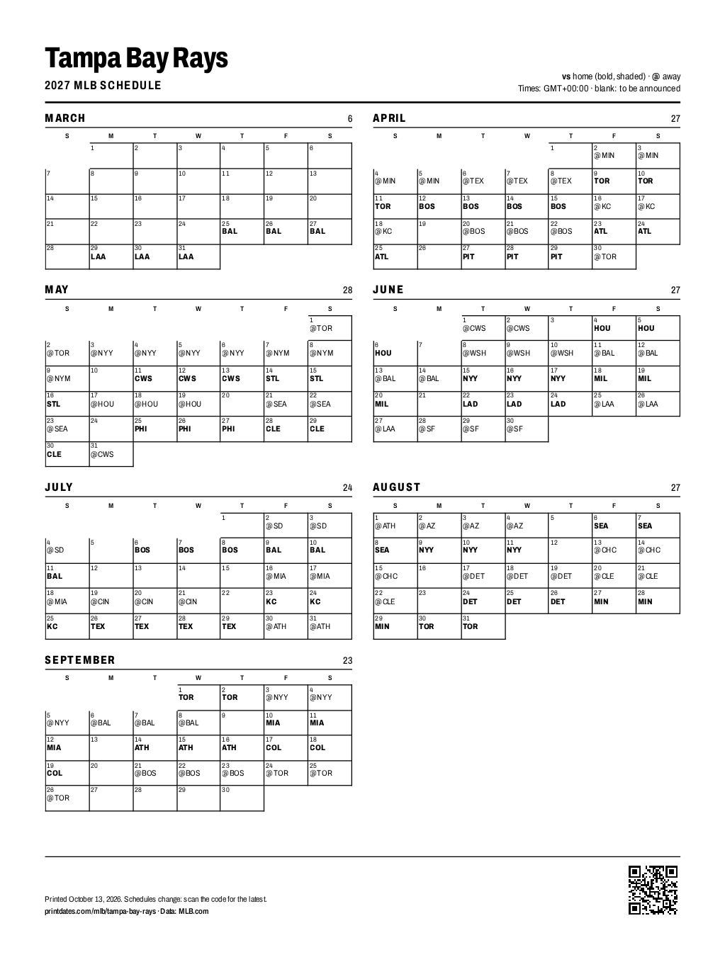 Tampa Bay Rays 2027 printable schedule, all 162 games on one page