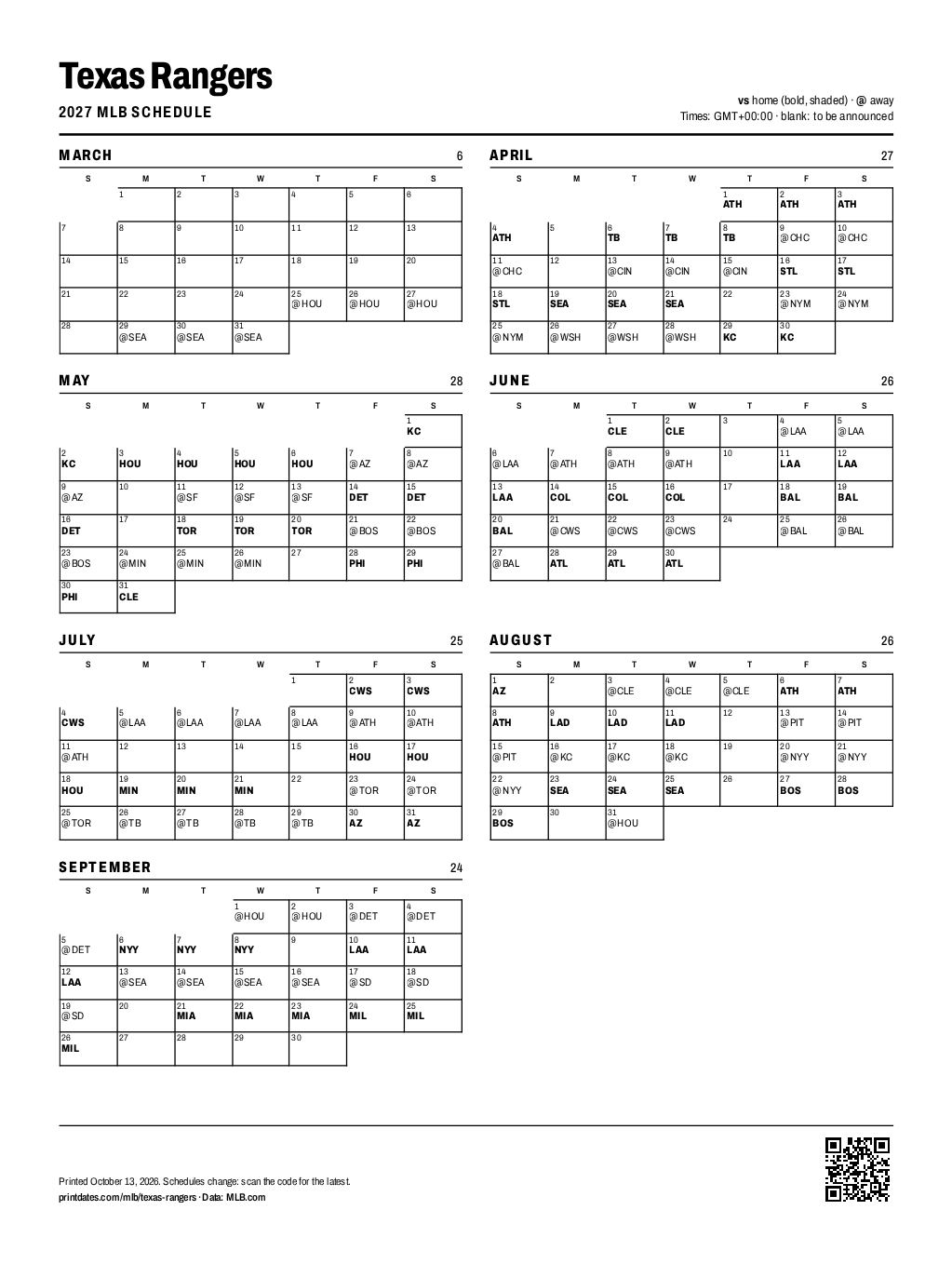 Texas Rangers 2027 printable schedule, all 162 games on one page