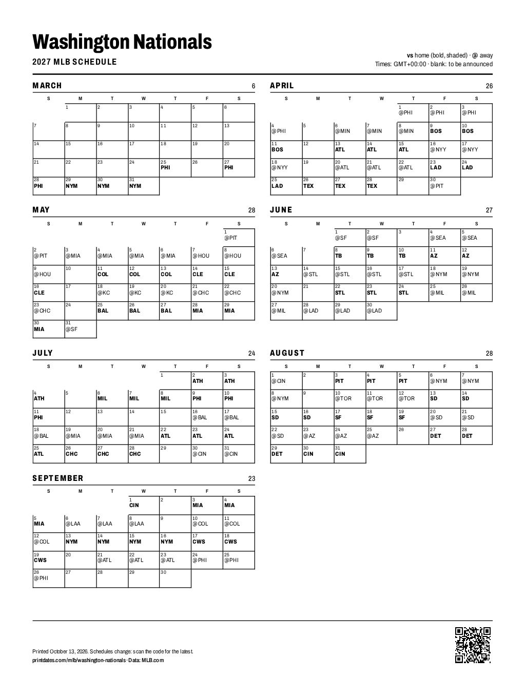 Washington Nationals 2027 printable schedule, all 162 games on one page