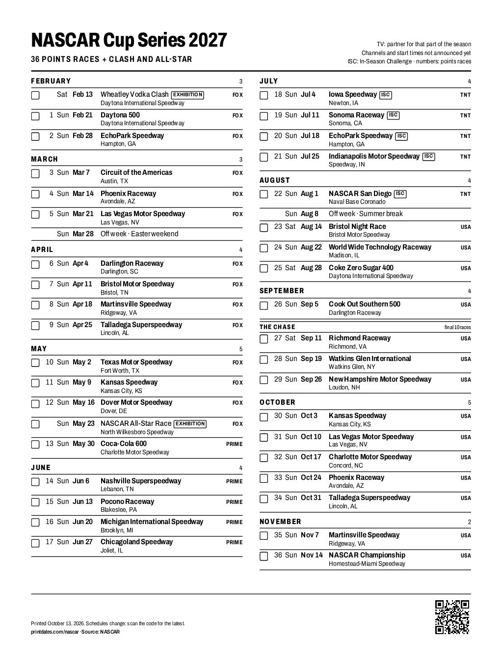 NASCAR Cup Series 2027 schedule: all 36 races on one printable page