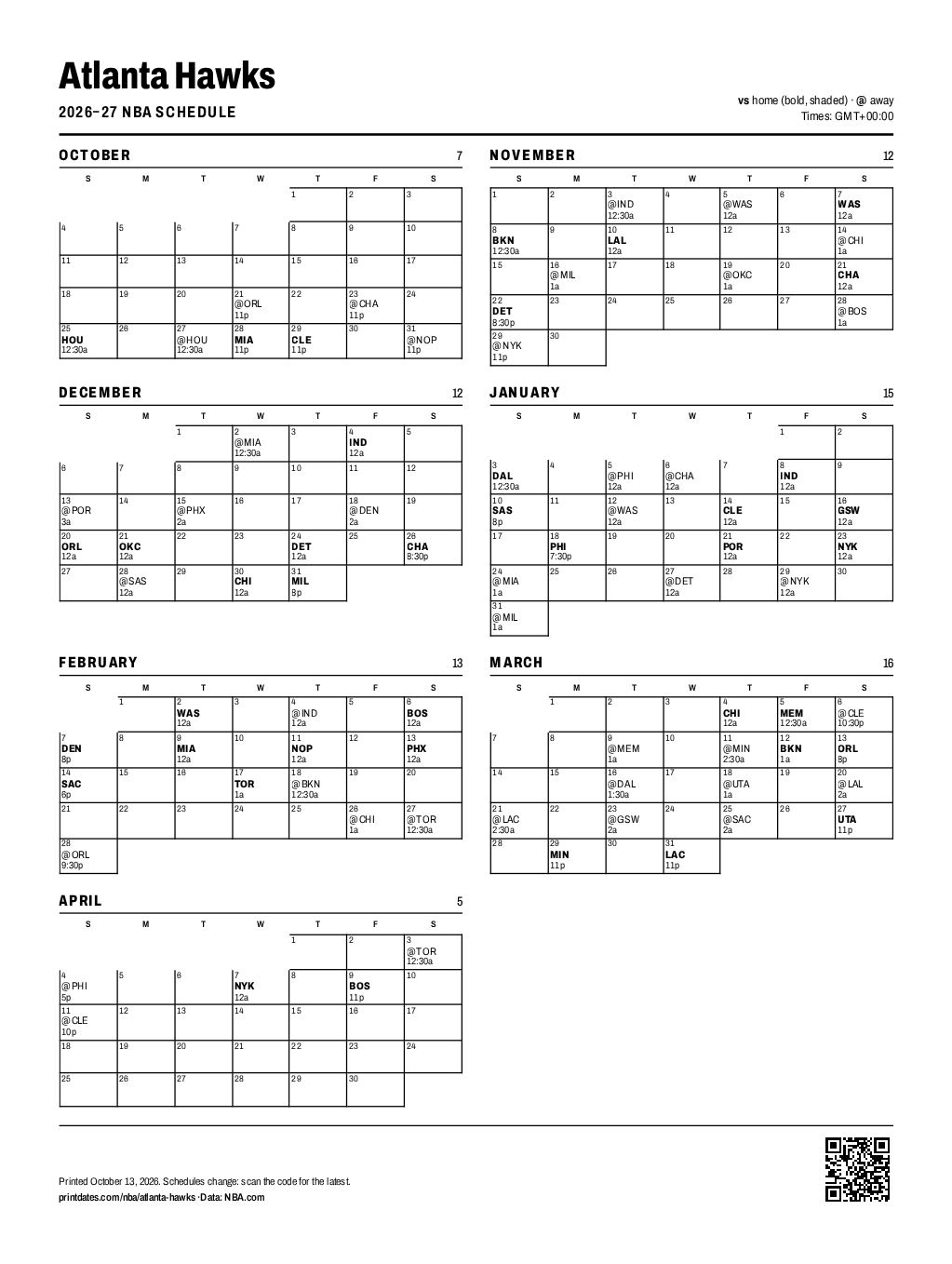 Atlanta Hawks 2026–27 printable schedule, all 80 games on one page