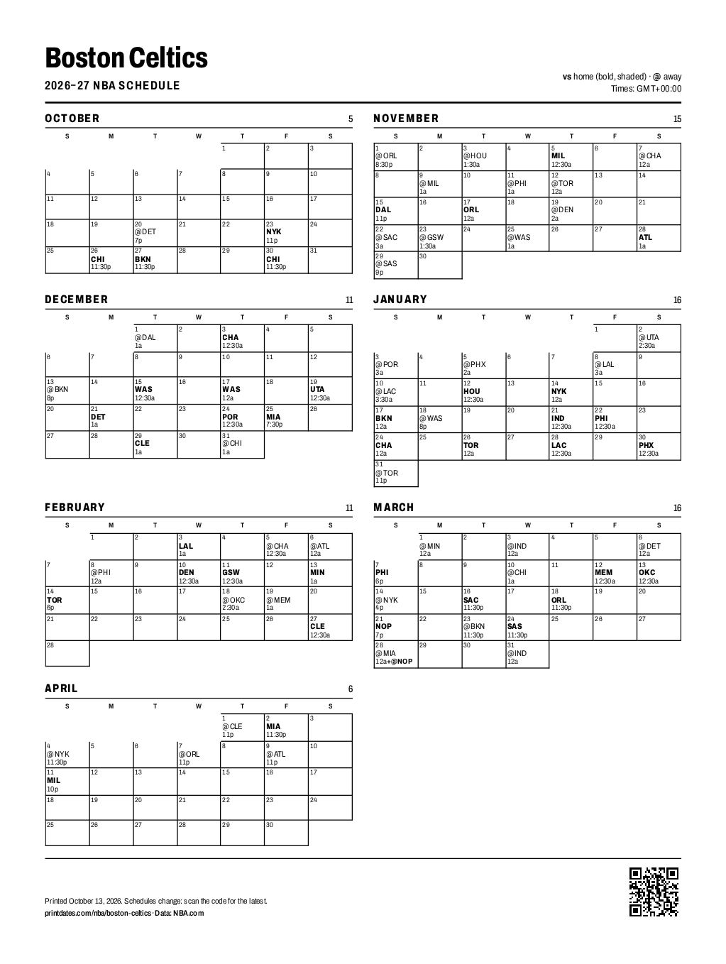 Boston Celtics 2026–27 printable schedule, all 80 games on one page