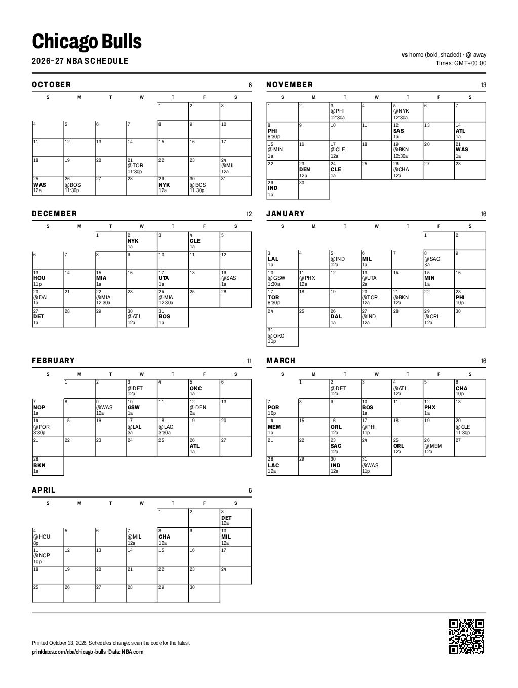 Chicago Bulls 2026–27 printable schedule, all 80 games on one page