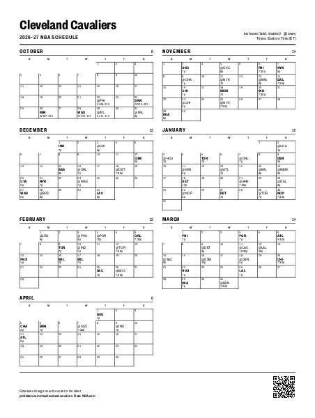 Cleveland Cavaliers Schedule 2026-27 Printable