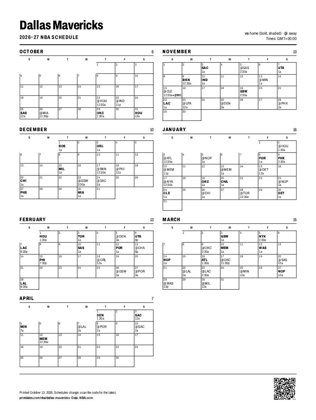 Dallas Mavericks 2026–27 printable schedule, all 80 games on one page