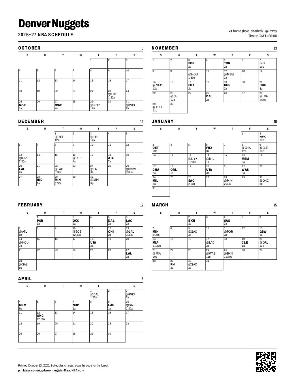 Denver Nuggets 2026–27 printable schedule, all 80 games on one page