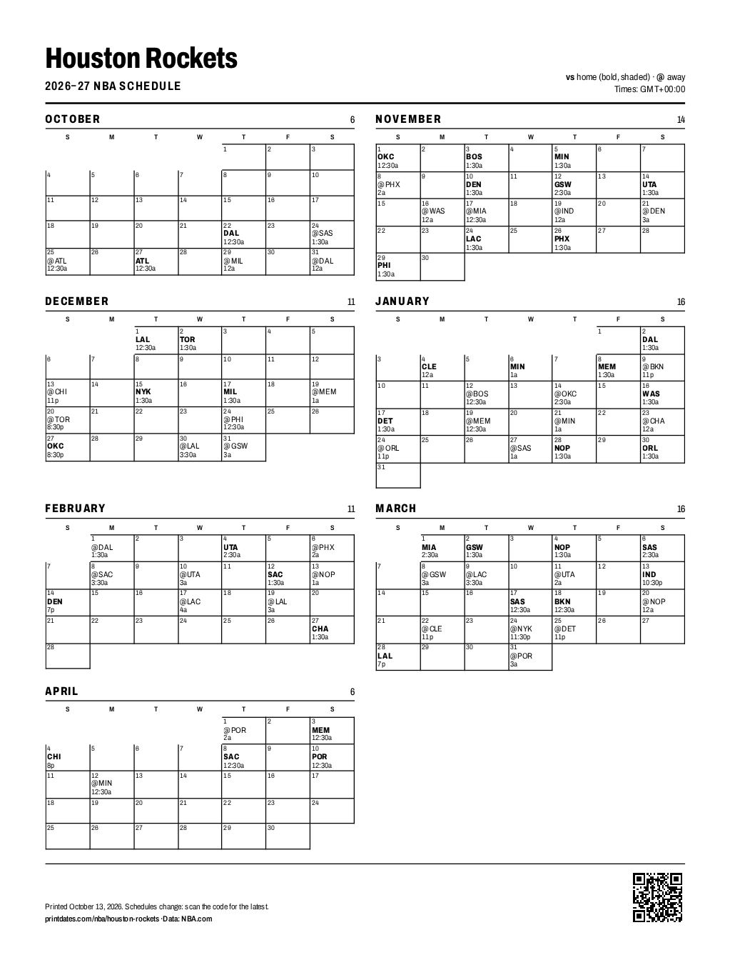 Houston Rockets 2026–27 printable schedule, all 80 games on one page