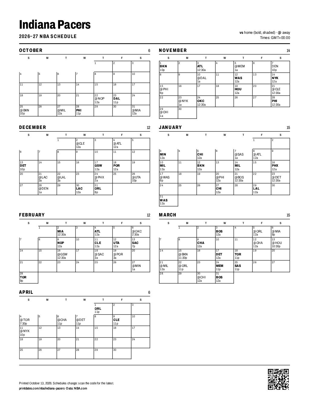 Indiana Pacers 2026–27 printable schedule, all 80 games on one page