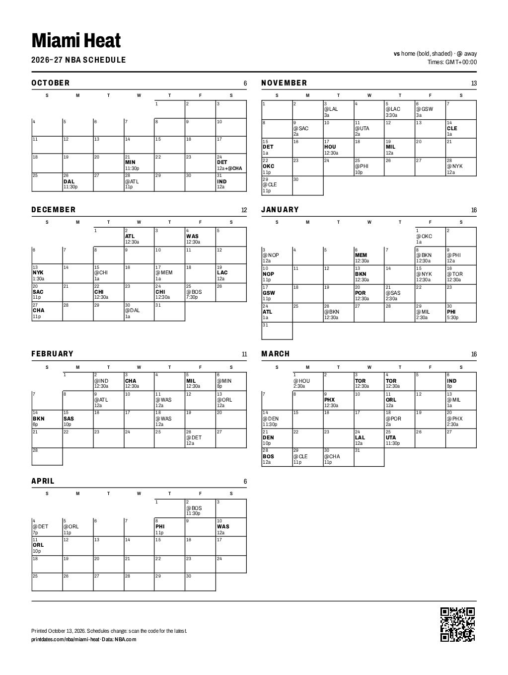 Miami Heat 2026–27 printable schedule, all 80 games on one page