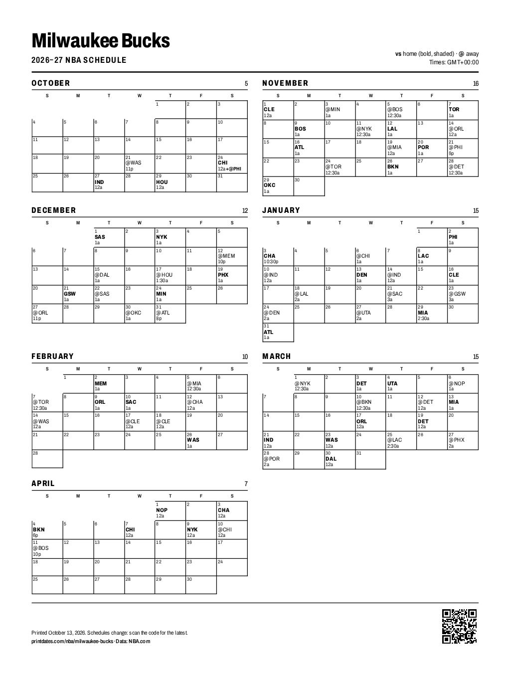 Milwaukee Bucks 2026–27 printable schedule, all 80 games on one page