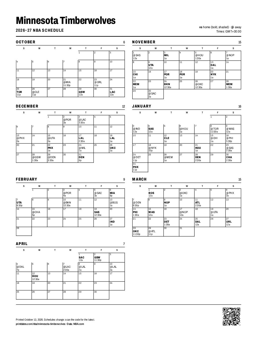 Minnesota Timberwolves 2026–27 printable schedule, all 80 games on one page