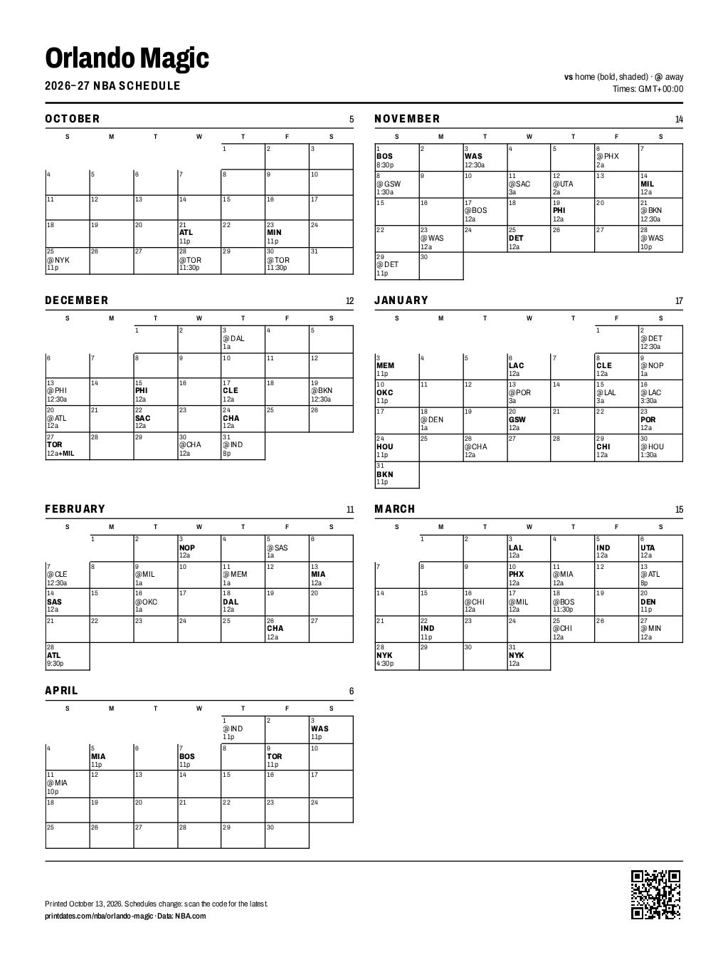 Orlando Magic 2026–27 printable schedule, all 80 games on one page