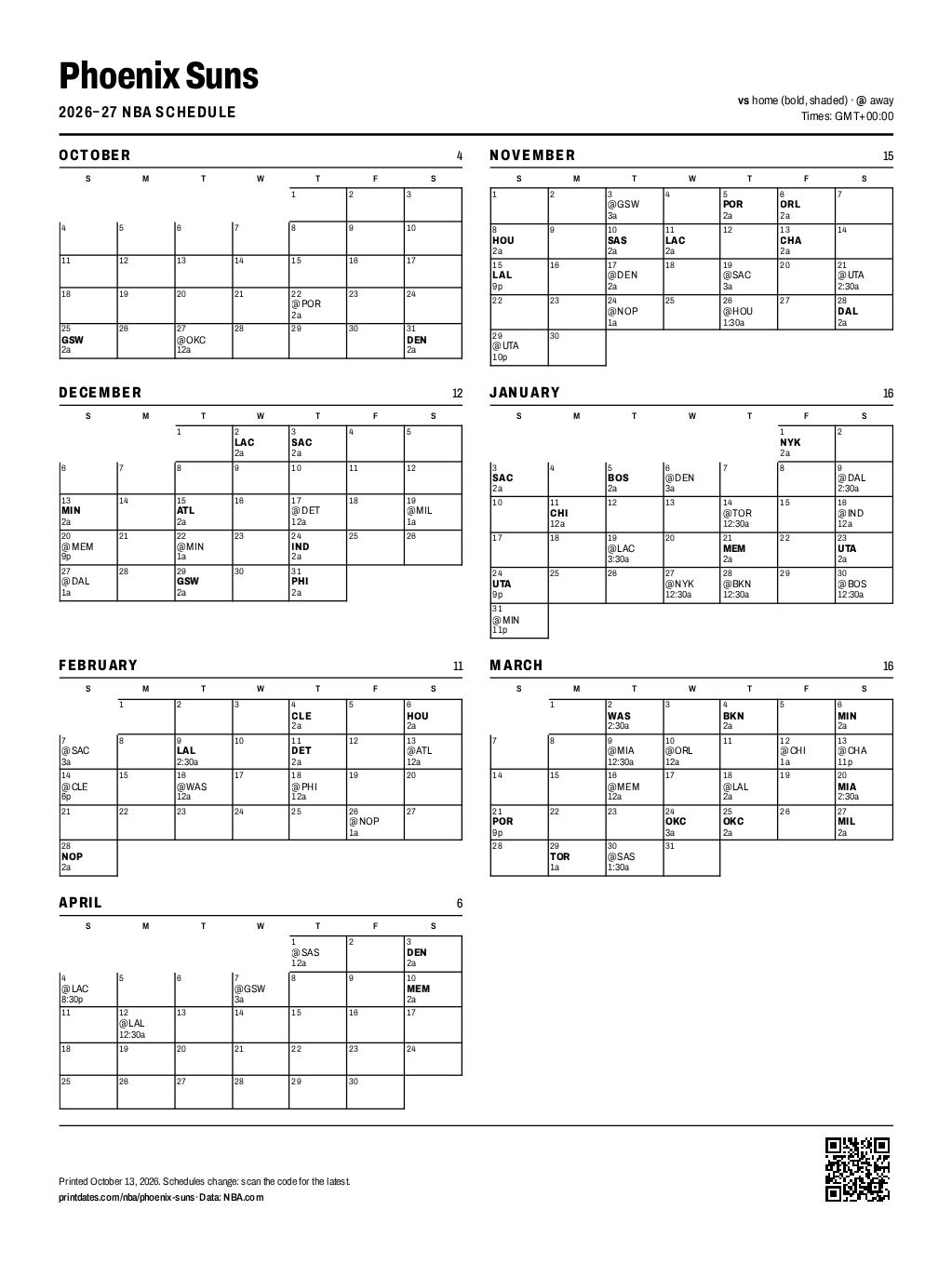Phoenix Suns 2026–27 printable schedule, all 80 games on one page