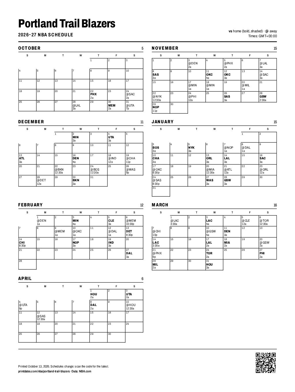 Portland Trail Blazers 2026–27 printable schedule, all 80 games on one page