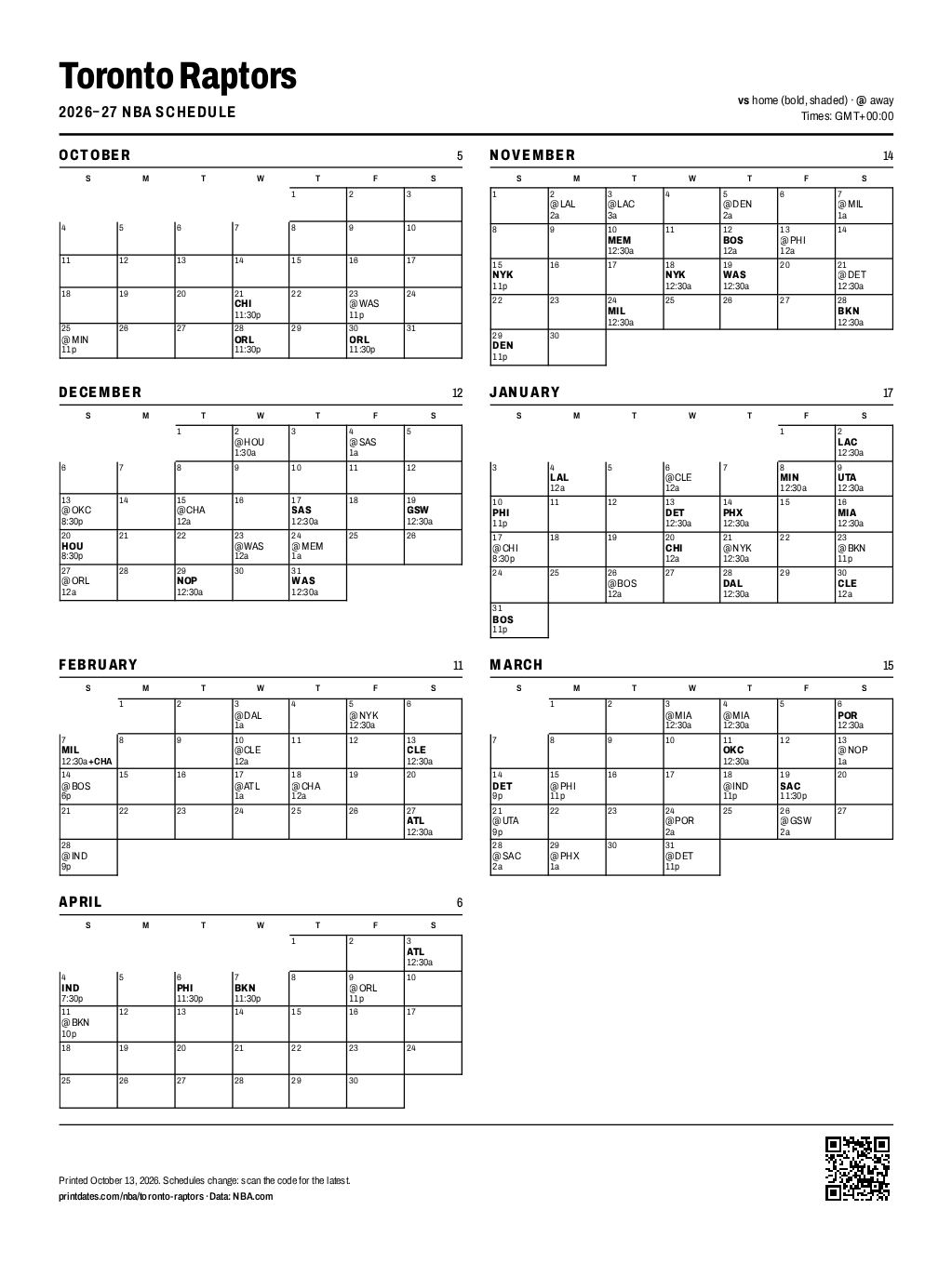 Toronto Raptors 2026–27 printable schedule, all 80 games on one page