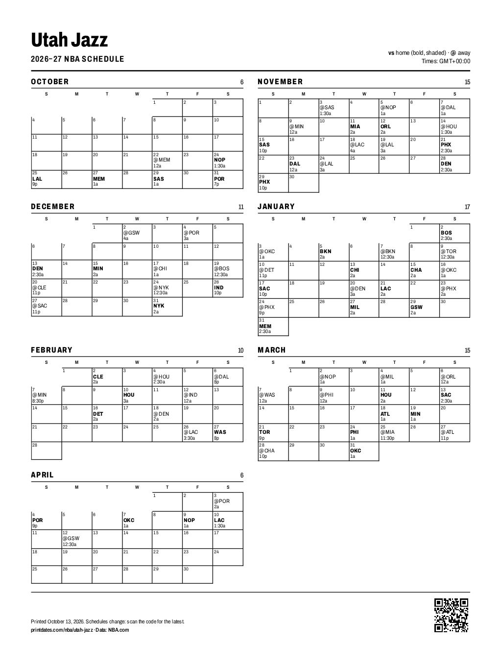 Utah Jazz 2026–27 printable schedule, all 80 games on one page
