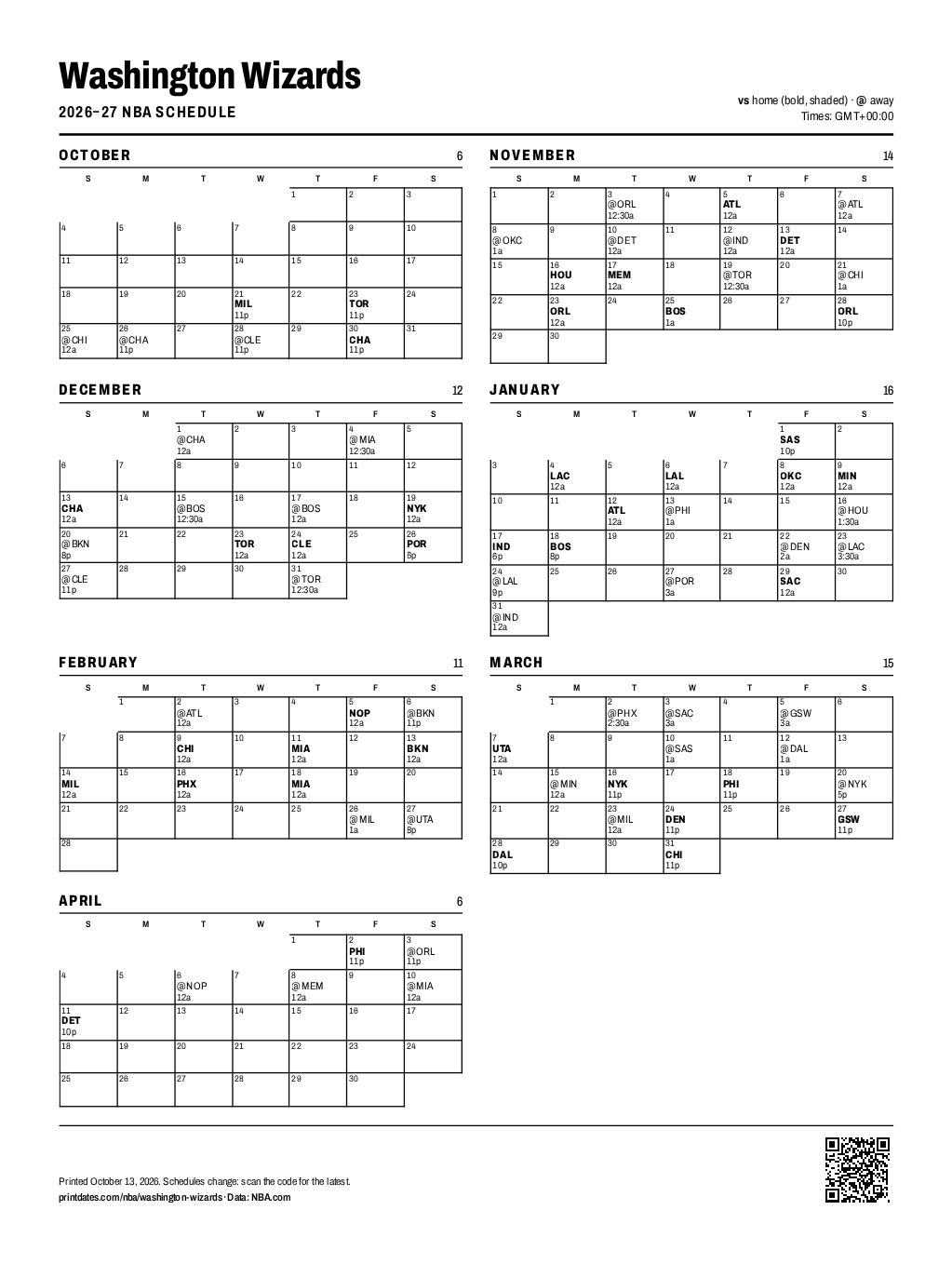 Washington Wizards 2026–27 printable schedule, all 80 games on one page
