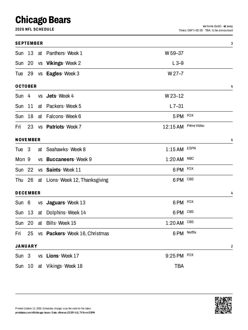 Chicago Bears 2026 printable schedule, all 17 games on one page